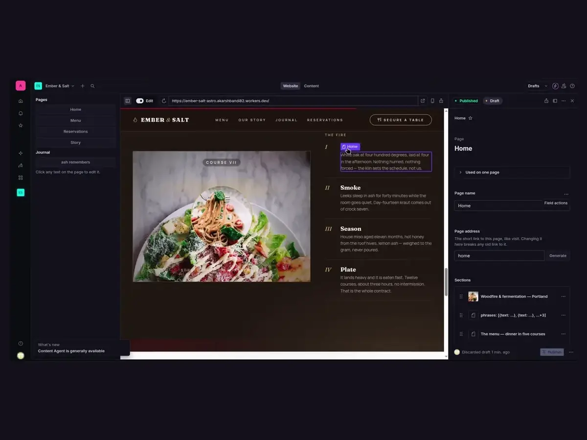 The Sanity Studio showing a live site with click-to-edit markers over the text and the document panel open beside it