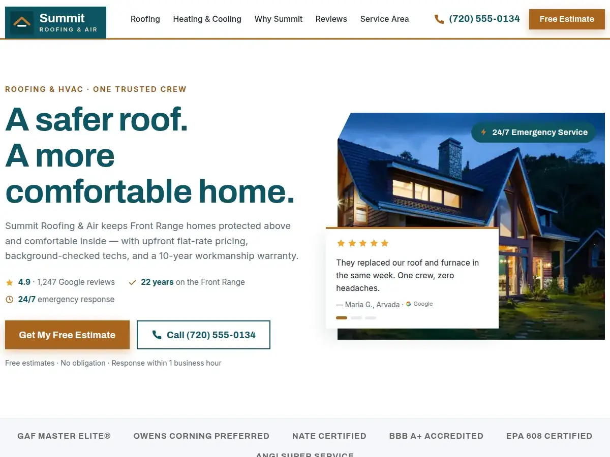 The Summit Roofing & Air website